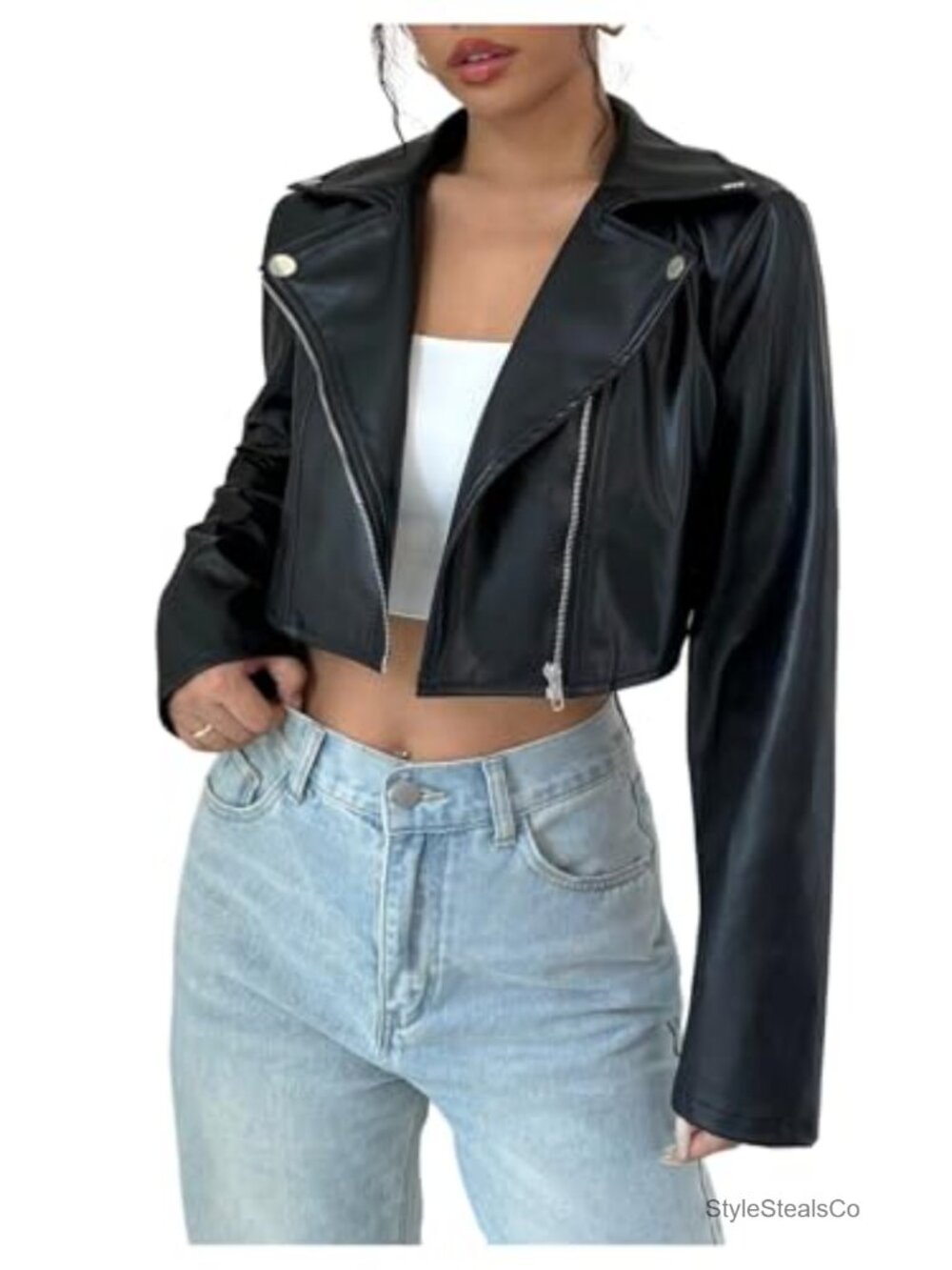 PU Leather Cropped Moto Jacket Long Sleeve Zip Up Rave Outerwear